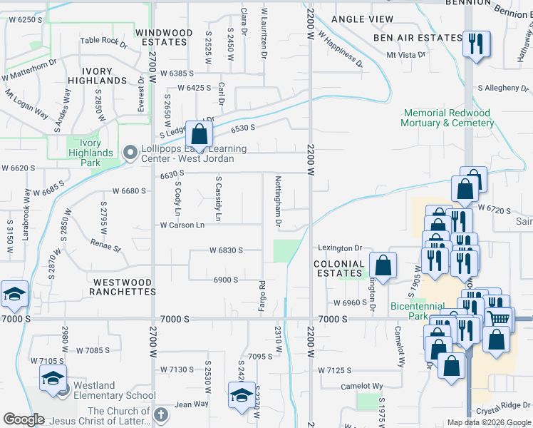 map of restaurants, bars, coffee shops, grocery stores, and more near 6739 Fargo Road in West Jordan
