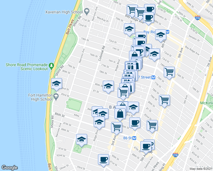 map of restaurants, bars, coffee shops, grocery stores, and more near 191 80th Street in Brooklyn