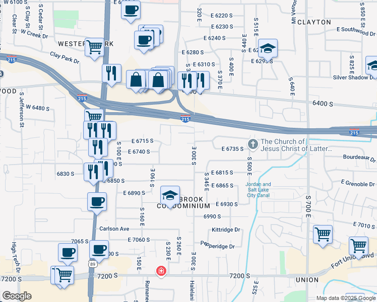 map of restaurants, bars, coffee shops, grocery stores, and more near 285 East Vaughn Lane in Midvale