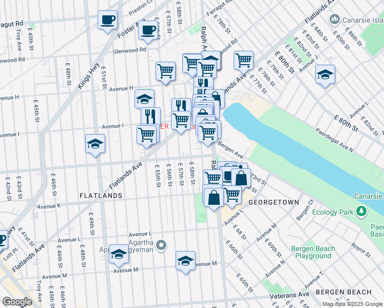 map of restaurants, bars, coffee shops, grocery stores, and more near 1067 East 58th Street in Brooklyn