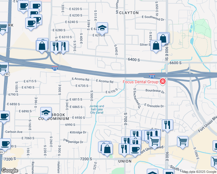 map of restaurants, bars, coffee shops, grocery stores, and more near 6738 South 615 East in Midvale