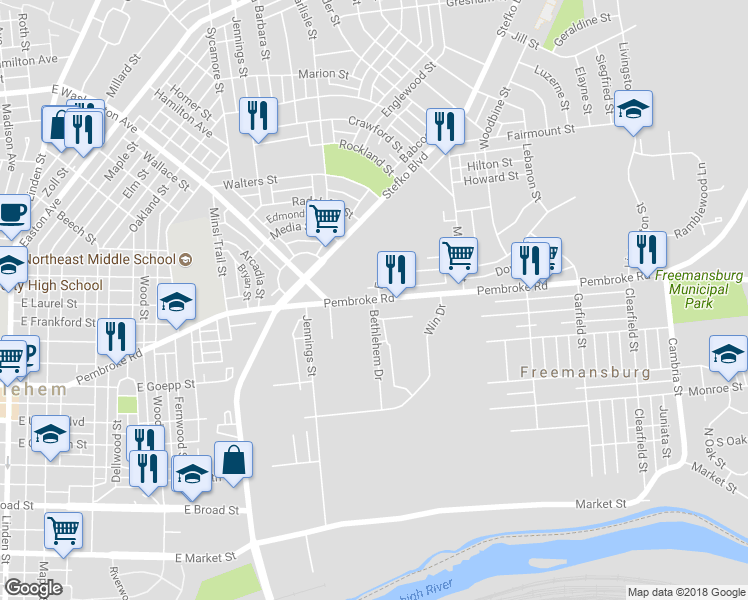 map of restaurants, bars, coffee shops, grocery stores, and more near 1540 Bethlehem Drive in Bethlehem