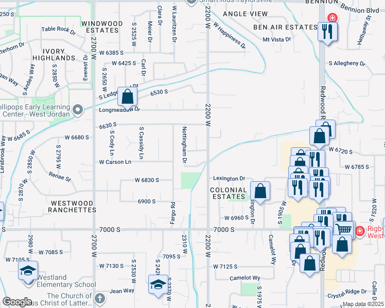 map of restaurants, bars, coffee shops, grocery stores, and more near 2269 Moor Lane in West Jordan