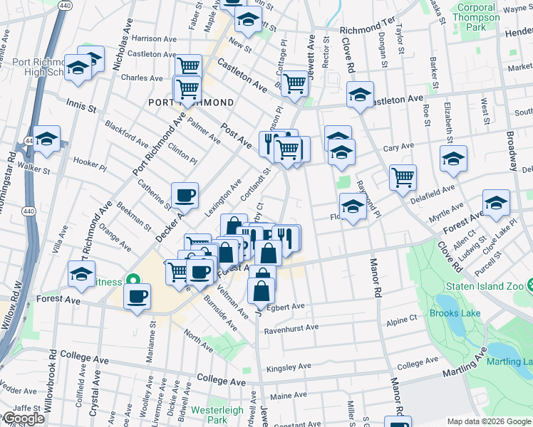 map of restaurants, bars, coffee shops, grocery stores, and more near 23 Bache Street in Staten Island