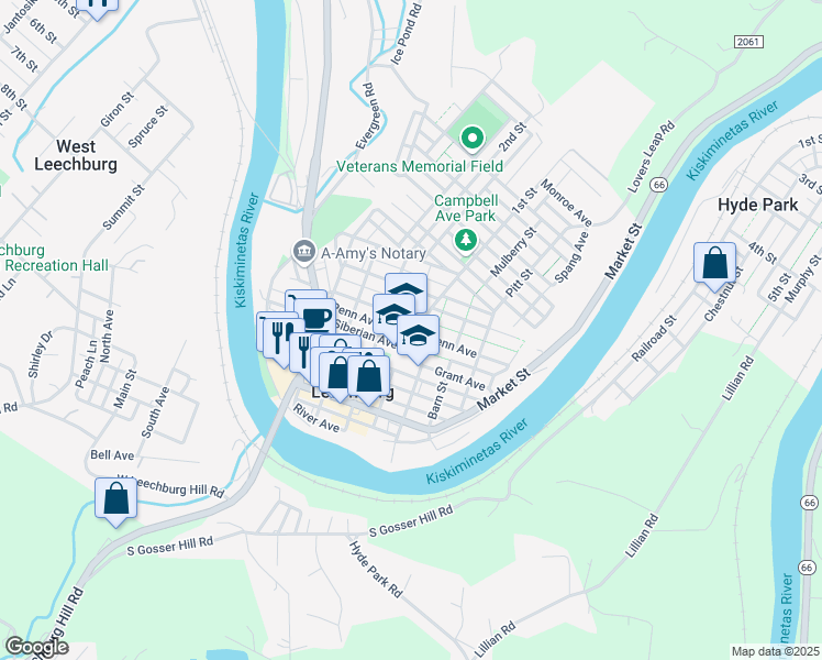 map of restaurants, bars, coffee shops, grocery stores, and more near 200 Siberian Avenue in Leechburg