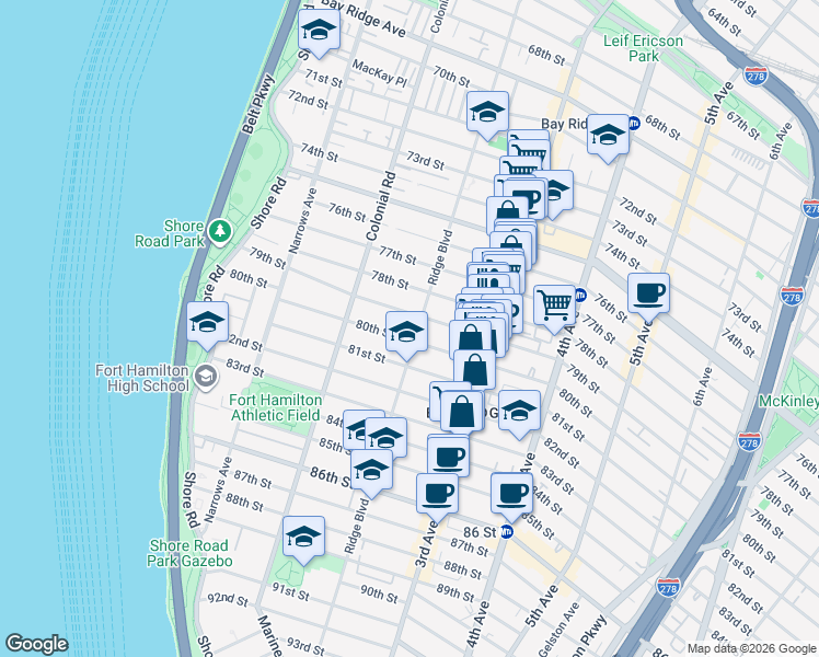 map of restaurants, bars, coffee shops, grocery stores, and more near 191 80th Street in Brooklyn