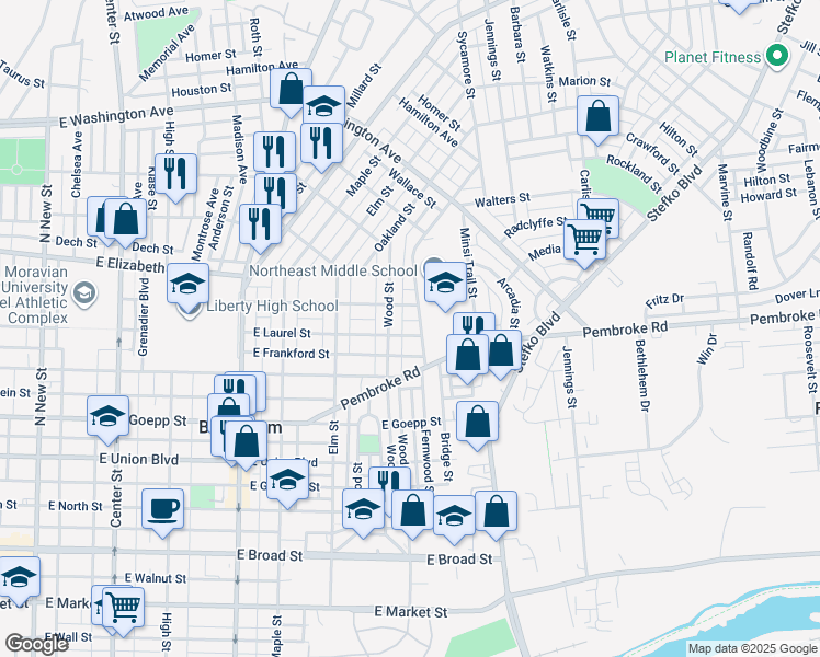 map of restaurants, bars, coffee shops, grocery stores, and more near 621 East Laurel Street in Bethlehem