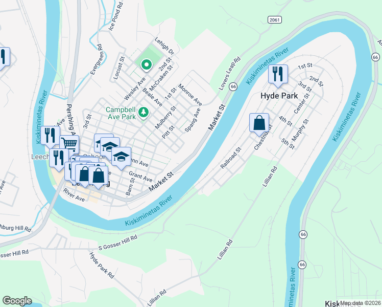 map of restaurants, bars, coffee shops, grocery stores, and more near 533 Market Street in Leechburg