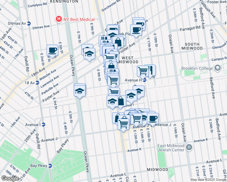 map of restaurants, bars, coffee shops, grocery stores, and more near 1166 Coney Island Avenue in Brooklyn