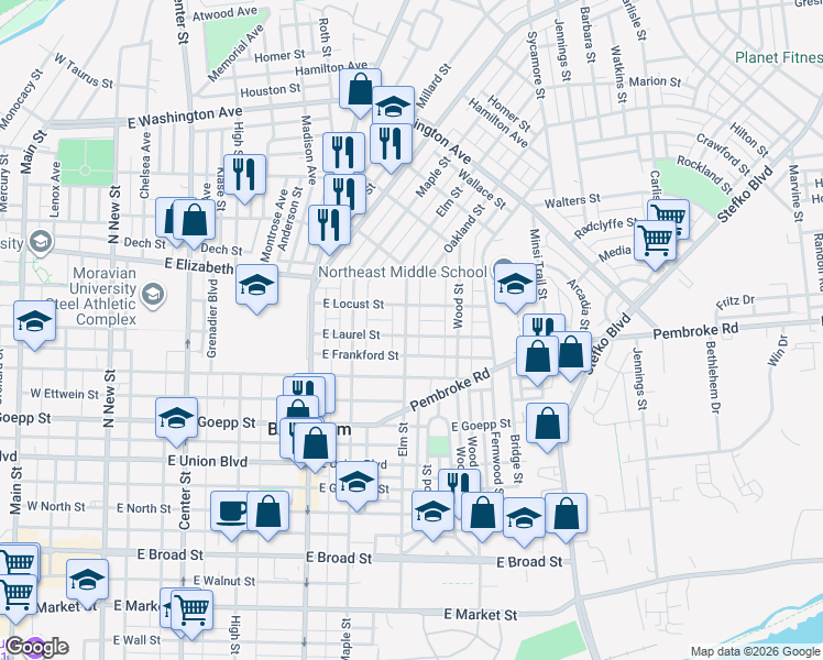 map of restaurants, bars, coffee shops, grocery stores, and more near 515 East Laurel Street in Bethlehem
