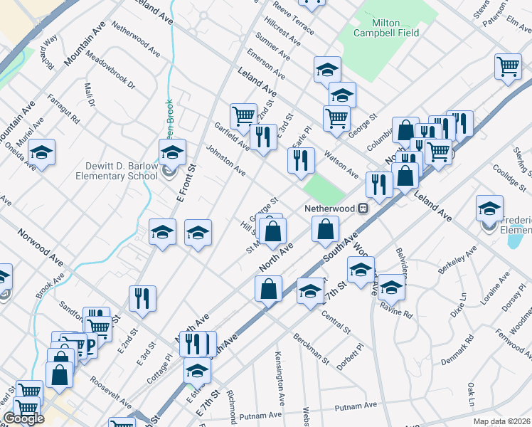 map of restaurants, bars, coffee shops, grocery stores, and more near 832 George Street in Plainfield