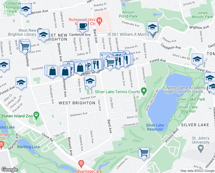 map of restaurants, bars, coffee shops, grocery stores, and more near 70 City Boulevard in Staten Island