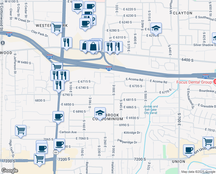 map of restaurants, bars, coffee shops, grocery stores, and more near 6721 South Vaughn Lane in Midvale