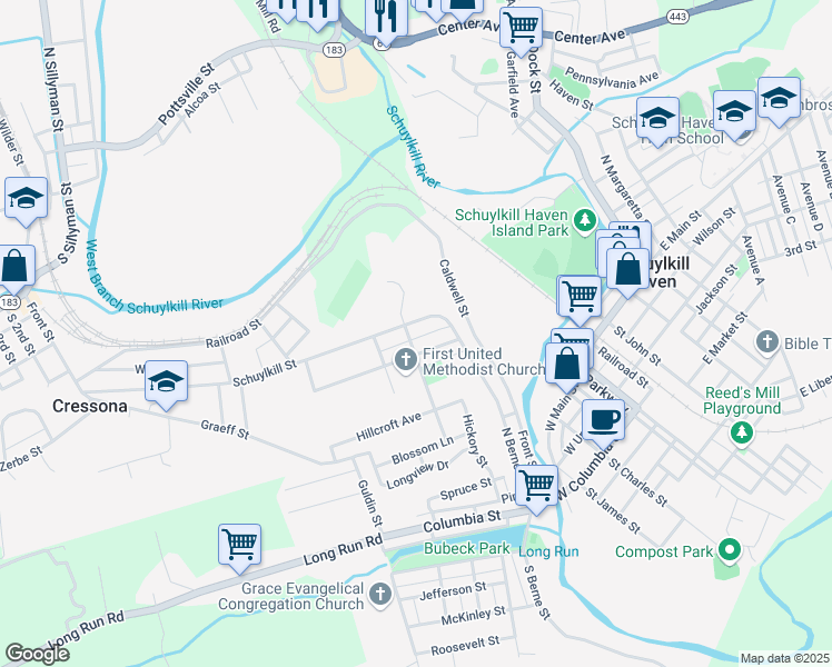 map of restaurants, bars, coffee shops, grocery stores, and more near 355 Saylor Street in Schuylkill Haven