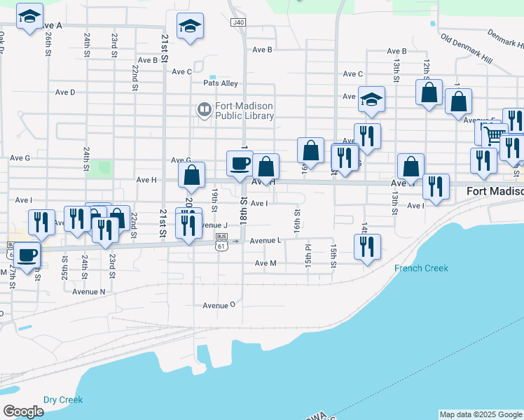 map of restaurants, bars, coffee shops, grocery stores, and more near 1716 Avenue I in Fort Madison