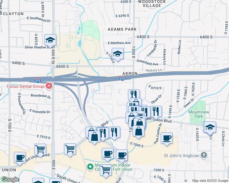 map of restaurants, bars, coffee shops, grocery stores, and more near 1205 Privet Drive in Cottonwood Heights