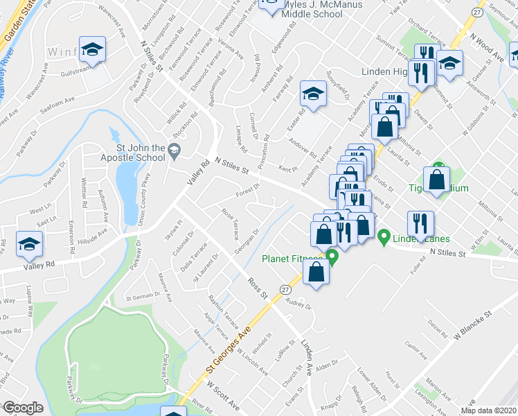 map of restaurants, bars, coffee shops, grocery stores, and more near 1309 Sherwood Road in Linden