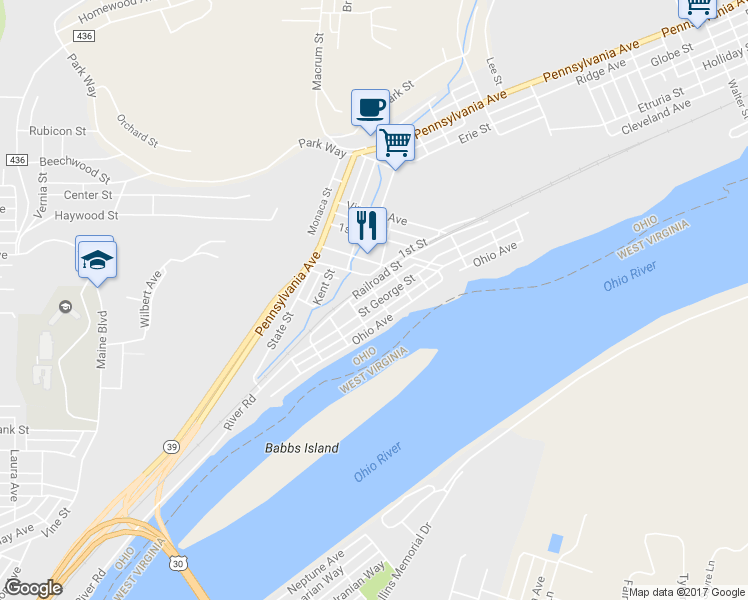 map of restaurants, bars, coffee shops, grocery stores, and more near 951 Saint George Street in East Liverpool