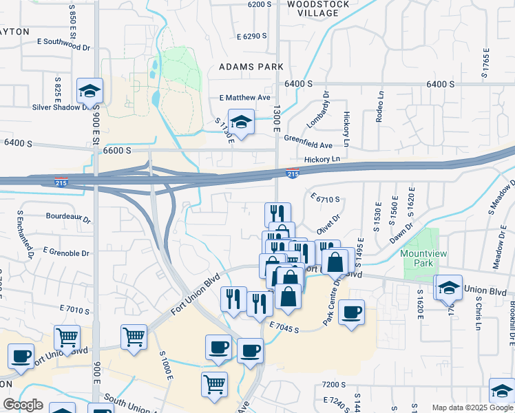 map of restaurants, bars, coffee shops, grocery stores, and more near 1245 Privet Drive in Cottonwood Heights