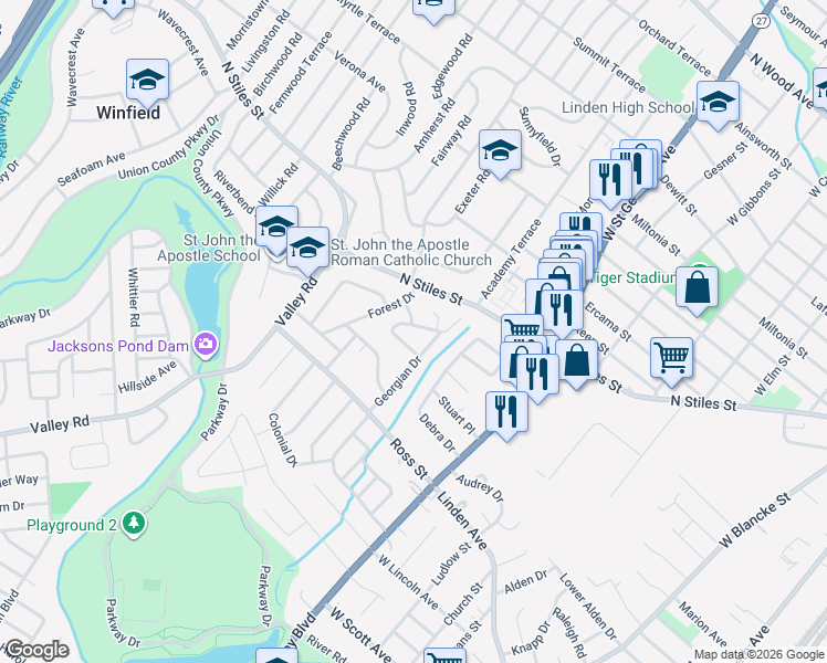 map of restaurants, bars, coffee shops, grocery stores, and more near 1309 Sherwood Road in Linden