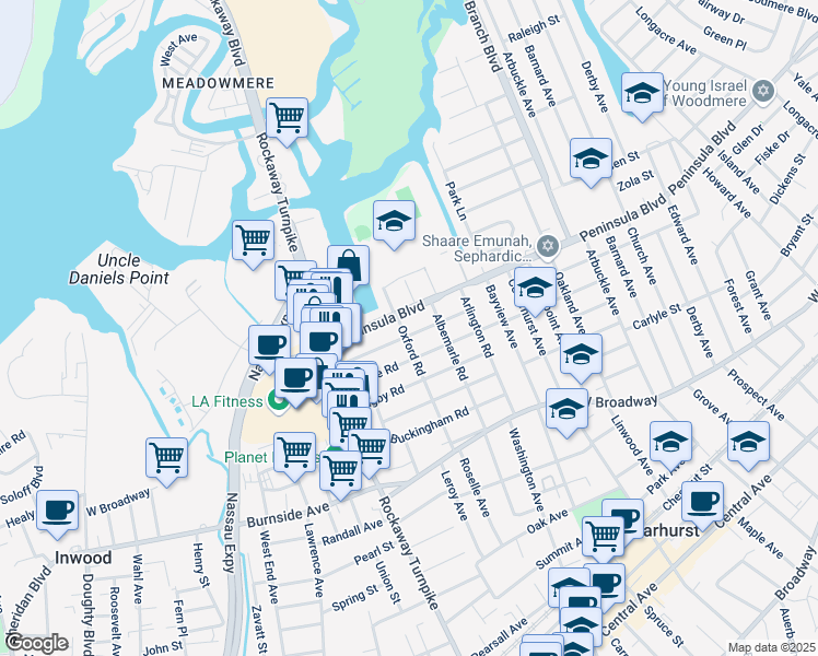 map of restaurants, bars, coffee shops, grocery stores, and more near 536 Oxford Road in Cedarhurst