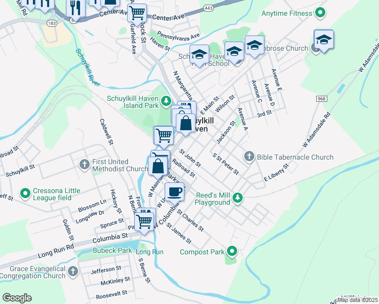 map of restaurants, bars, coffee shops, grocery stores, and more near 29 Saint John Street in Schuylkill Haven