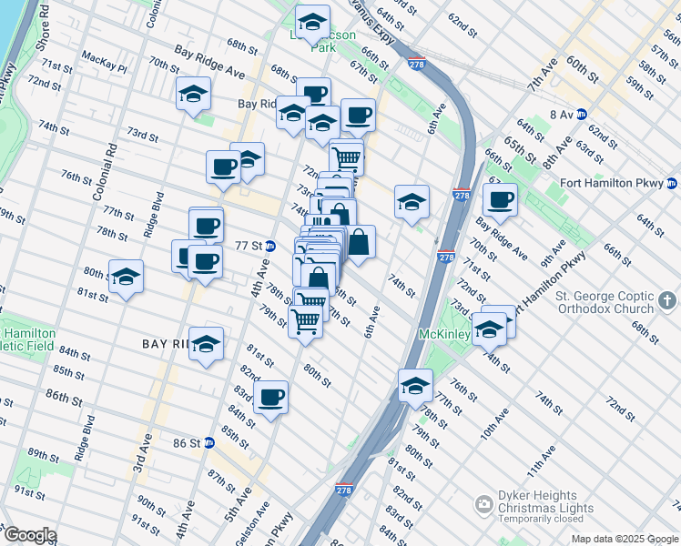 map of restaurants, bars, coffee shops, grocery stores, and more near 522 Bay Ridge Parkway in Brooklyn
