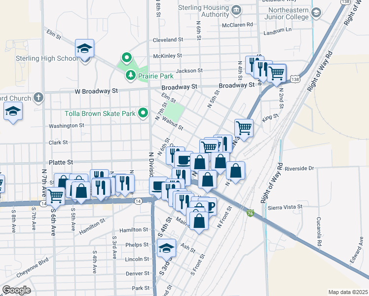 map of restaurants, bars, coffee shops, grocery stores, and more near 502 Oak Street in Sterling