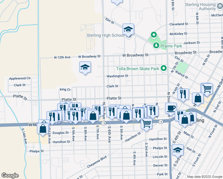 map of restaurants, bars, coffee shops, grocery stores, and more near 517 Clark Street in Sterling