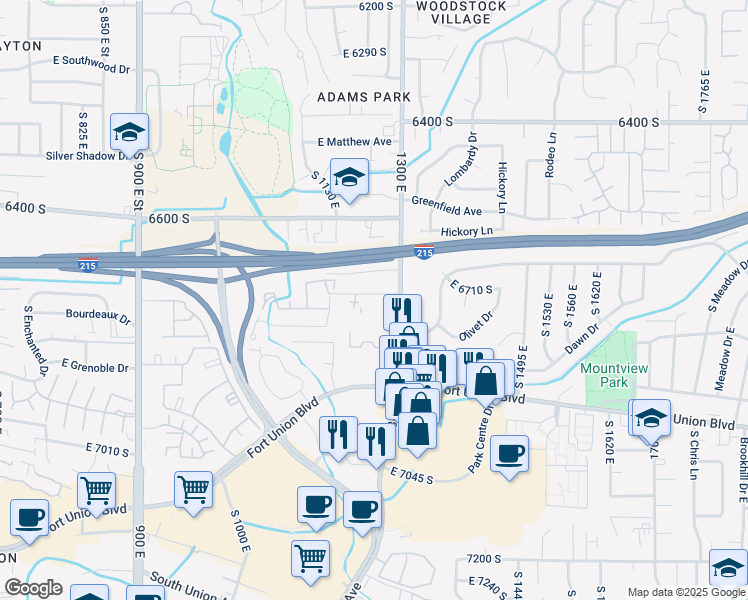 map of restaurants, bars, coffee shops, grocery stores, and more near 1245 Privet Drive in Cottonwood Heights