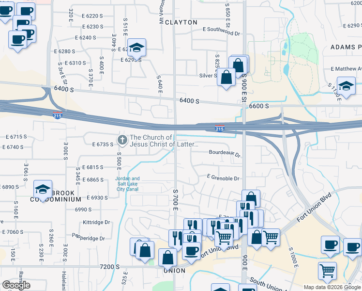 map of restaurants, bars, coffee shops, grocery stores, and more near 6705 South 700 East in Midvale