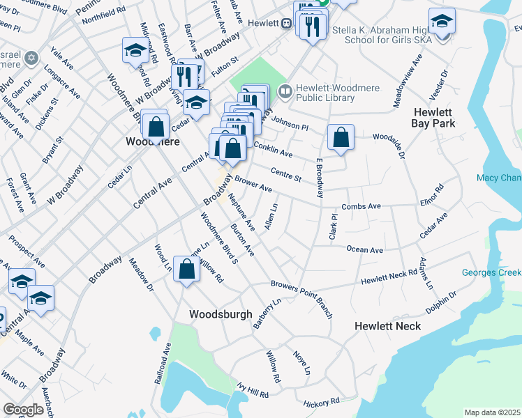 map of restaurants, bars, coffee shops, grocery stores, and more near 980 Allen Lane in Woodmere