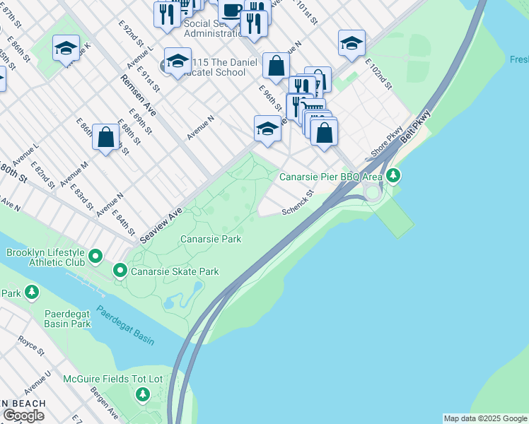 map of restaurants, bars, coffee shops, grocery stores, and more near 9019 Schenck Street in Brooklyn