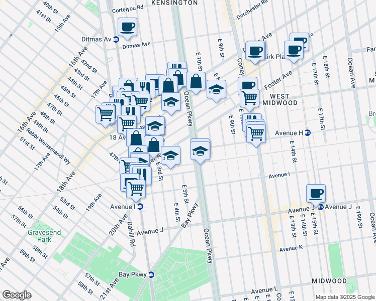 map of restaurants, bars, coffee shops, grocery stores, and more near 927 East 5th Street in Brooklyn