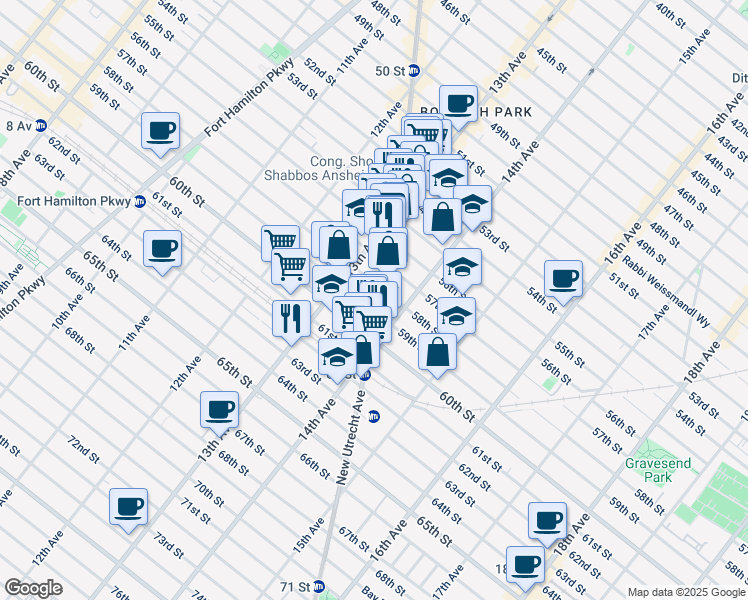 map of restaurants, bars, coffee shops, grocery stores, and more near 5810 New Utrecht Avenue in Brooklyn