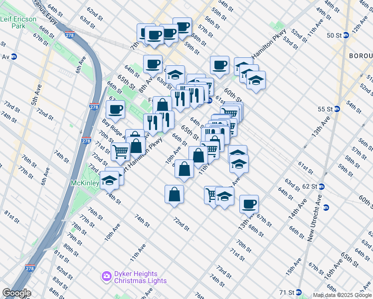 map of restaurants, bars, coffee shops, grocery stores, and more near 1014 66th Street in Brooklyn