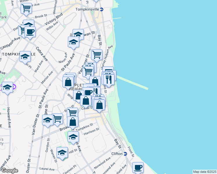 map of restaurants, bars, coffee shops, grocery stores, and more near 7 Navy Pier Court in Staten Island