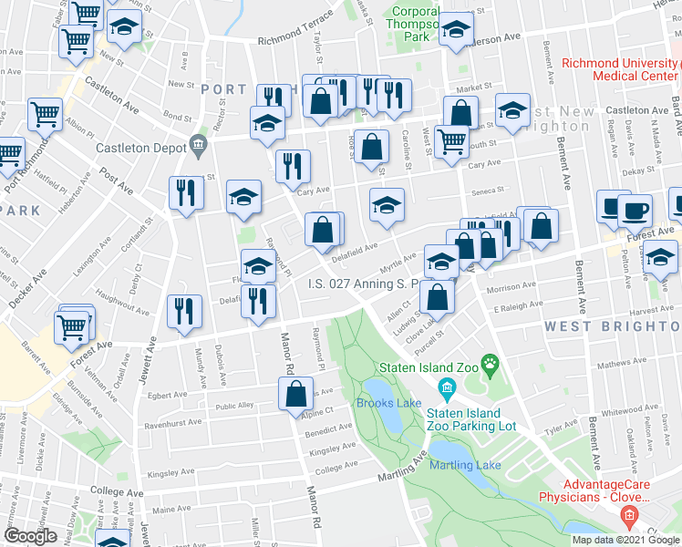 map of restaurants, bars, coffee shops, grocery stores, and more near 479 Clove Road in Staten Island