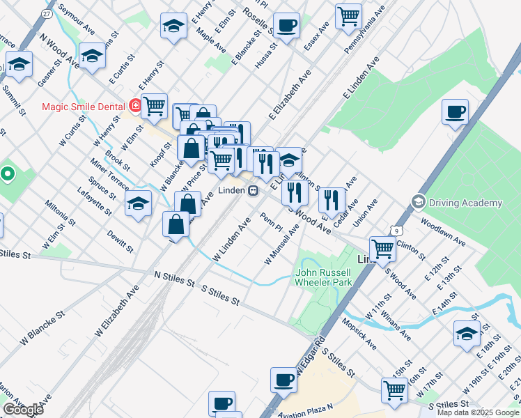 map of restaurants, bars, coffee shops, grocery stores, and more near 111 Penn Place in Linden