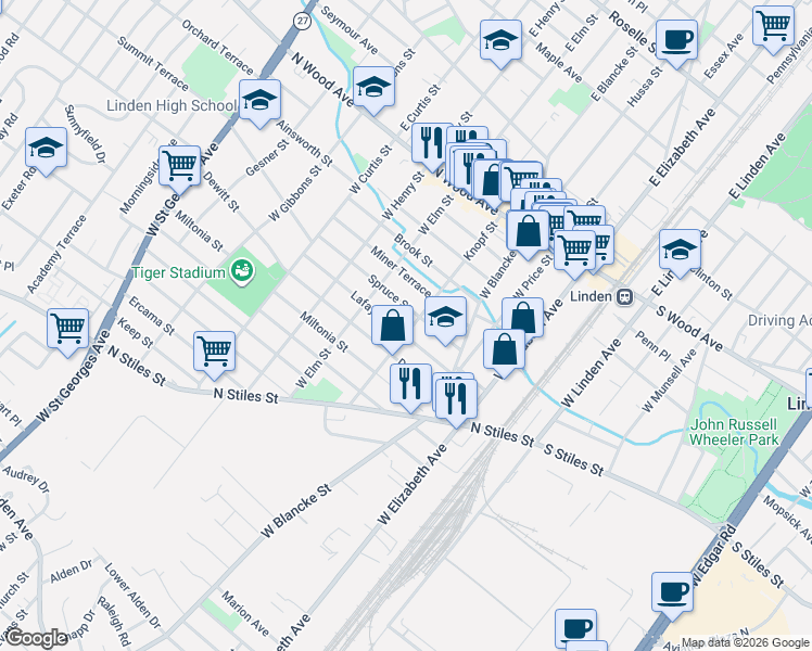map of restaurants, bars, coffee shops, grocery stores, and more near 501 Knopf Street in Linden