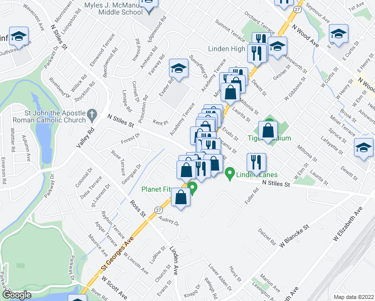 map of restaurants, bars, coffee shops, grocery stores, and more near 10268 North Stiles Street in Linden