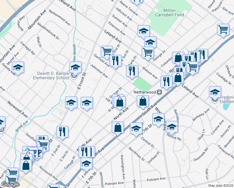 map of restaurants, bars, coffee shops, grocery stores, and more near 832 George Street in Plainfield