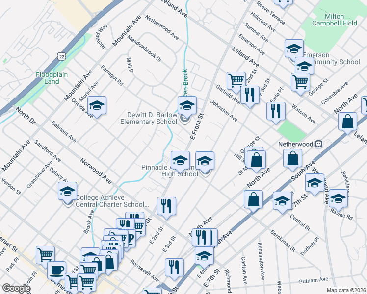 map of restaurants, bars, coffee shops, grocery stores, and more near in Plainfield