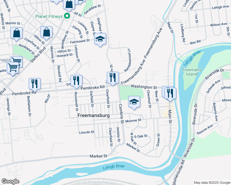 map of restaurants, bars, coffee shops, grocery stores, and more near 708 Cambria Street in Freemansburg