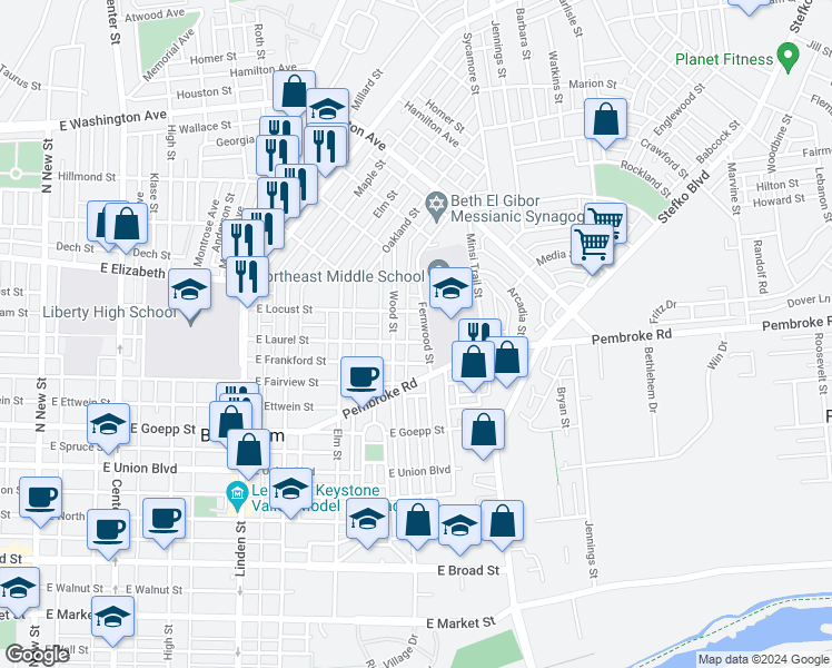 map of restaurants, bars, coffee shops, grocery stores, and more near 621 East Laurel Street in Bethlehem
