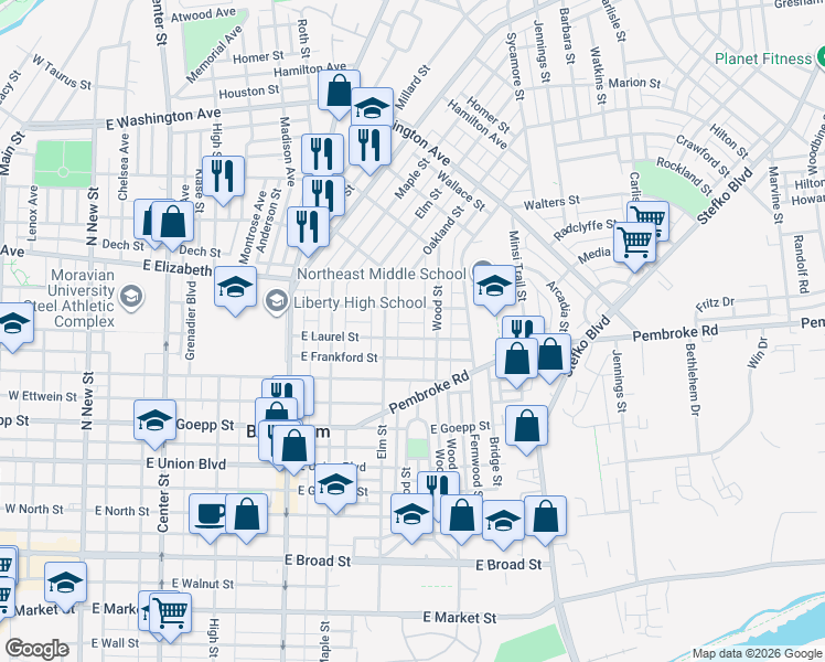 map of restaurants, bars, coffee shops, grocery stores, and more near 515 East Laurel Street in Bethlehem