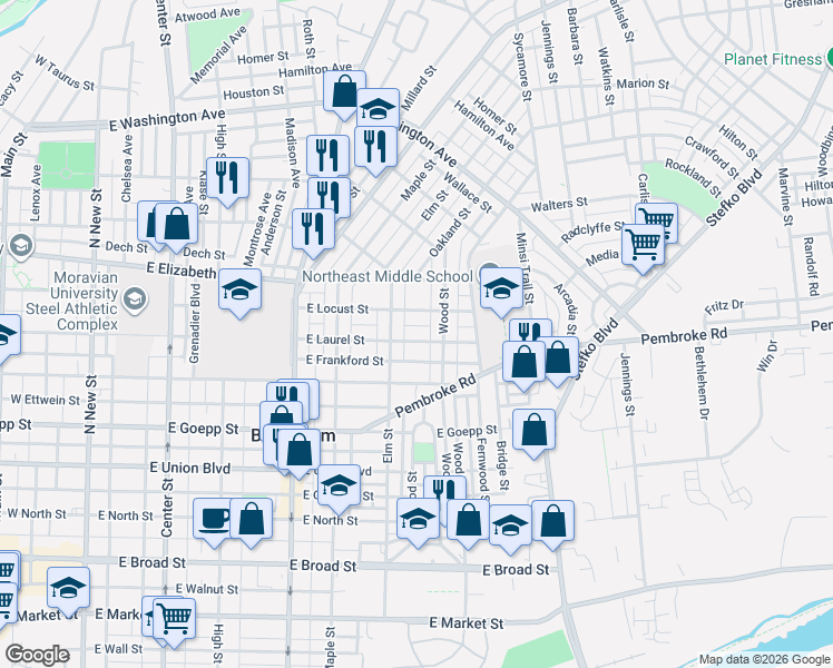 map of restaurants, bars, coffee shops, grocery stores, and more near 515 East Laurel Street in Bethlehem