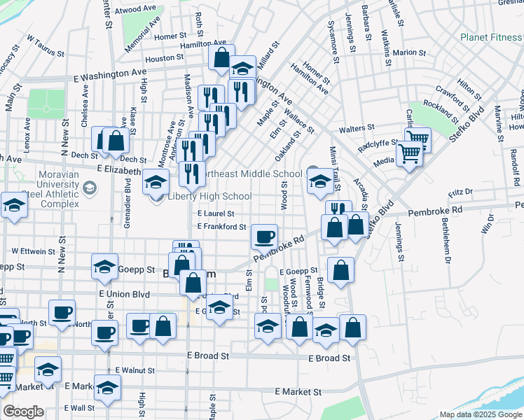 map of restaurants, bars, coffee shops, grocery stores, and more near 515 East Laurel Street in Bethlehem