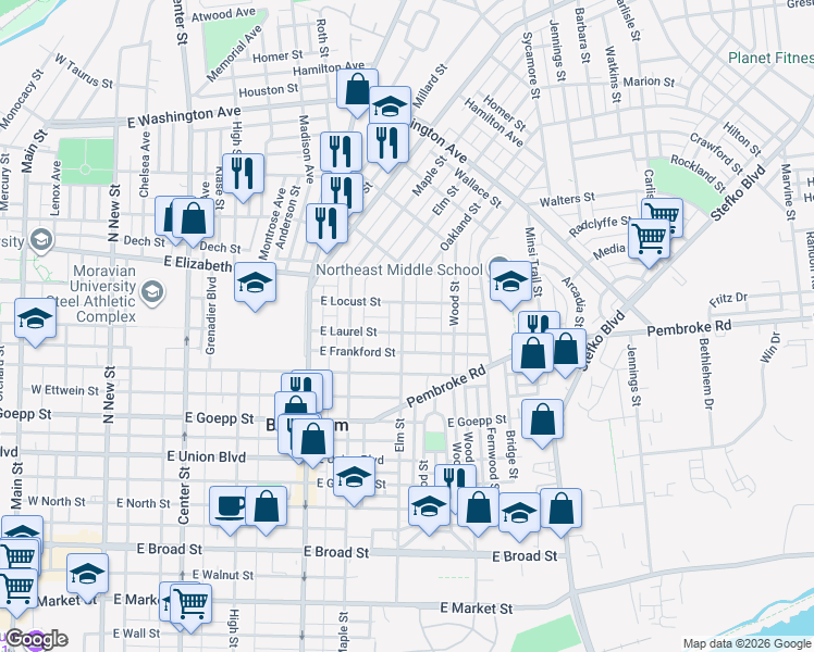map of restaurants, bars, coffee shops, grocery stores, and more near 515 East Laurel Street in Bethlehem