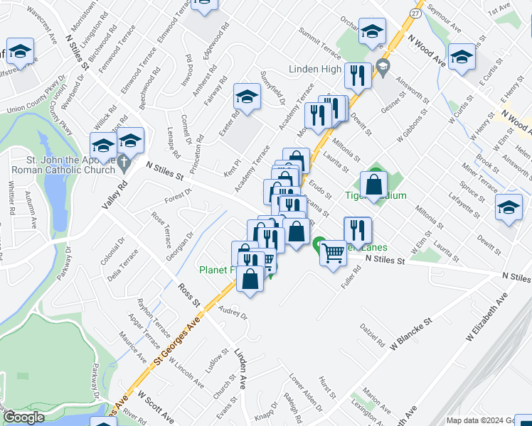 map of restaurants, bars, coffee shops, grocery stores, and more near 10268 North Stiles Street in Linden